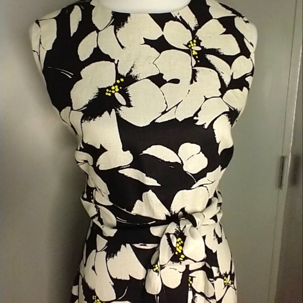 Hobbs London Black & White Floral Tie-Waist Women's Dress